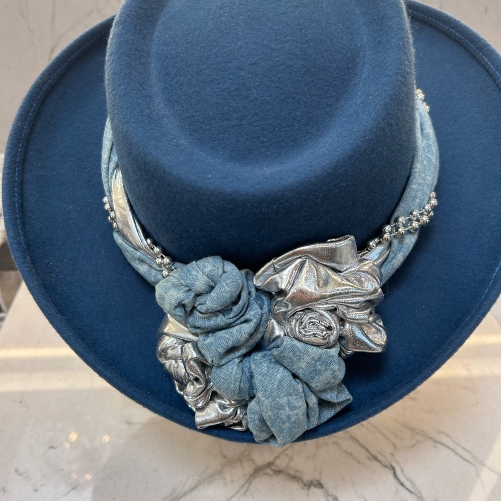 Blue 100% Wool Hat with Blue & Silver Knotted Fabric Trim & Pearl Embellishment